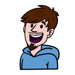 young man with beard and brown hair. laugh, hoodie, avatar, comic.