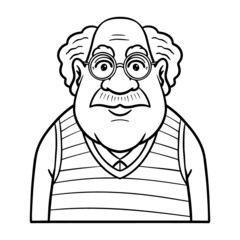 old grandpa with mustache and glasses. Comic, avatar, monochrome, outline.
