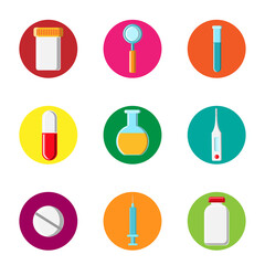 Set of medical icons in a circle, medical equipment items pills, loupes, syringes, cans, thermometers, flasks, capsules on a white background. Concept: computer modern new technologies in healthcare