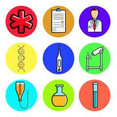 Set of medical round icons, medical equipment items, ambulance, medical history, doctor, dna, thermometer, microscope, dropper, flask. Concept: healthcare, hospitals, drugs, medicine