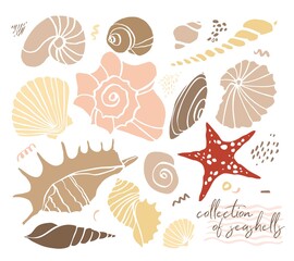 Set of decorative seashells in cut out shapes style isolated on a white background. Collection of silhouettes of underwater elements with abstract spots. Decor, stickers, craft. Vector illustration.