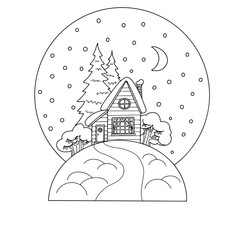Snow ball with cute wooden house. Line art card, hand drawn. Good for card, poster, print, children coloring book