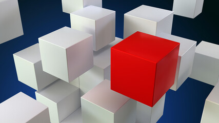 formal Volumetric Composition of white cubes on a colored background. One red cube and all the others are white.
