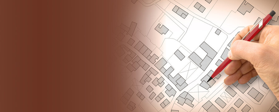 Imaginary cadastral map of territory with buildings, roads and land parcel - concept illustration with copy space on colored background