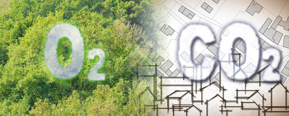 More trees reduce the amount of CO2 in our cities - concept image with O2 text against woodland and...