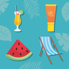 Summer cocktail suncream watermelon and chair vector design