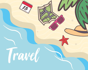 travel map glasses and hat at beach vector design