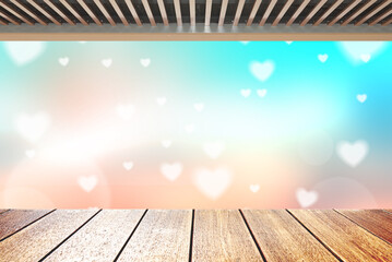 Naklejka na ściany i meble Wood planks floor and the valentines day background , abstract and soft hearts for valentines day Background , ,bright sun light background