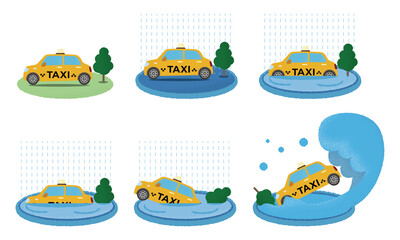 水害に遭う黄色いタクシーのベクターイラストセット