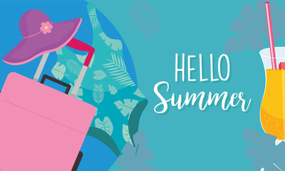 hello summer bag hat and swimwear vector design