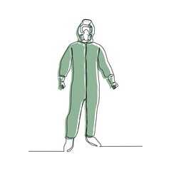 Continuous line drawing of man doctor in protective suit hazmat to protect body from virus and disease. Vector illustration