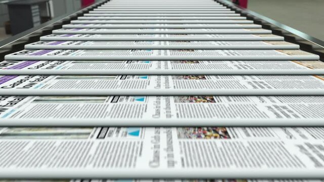 Newspaper press printing on the factory and moving on conveyor belt to the packing and delivery. Magazine and gutter tabloids prints on the production line every morning, news 3d animation concept.