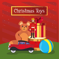 merry christmas toys teddy bear drum car and ball vector design