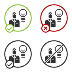 Black Human with lamp bulb icon isolated on white background. Concept of idea. Circle button. Vector.