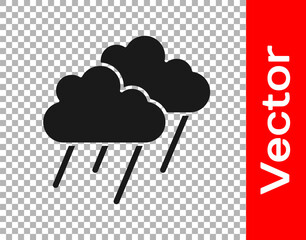 Black Cloud with rain icon isolated on transparent background. Rain cloud precipitation with rain drops. Vector.