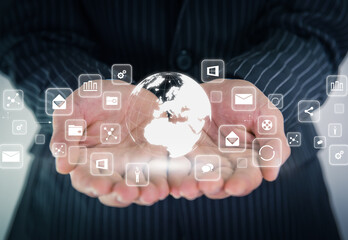 A business man holding global network connection and data exchanges worldwide ,communication and technology concept