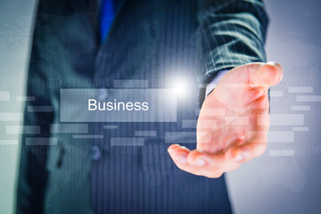 businessman, big data analytics and business intelligence concept , icons on a digital screen...