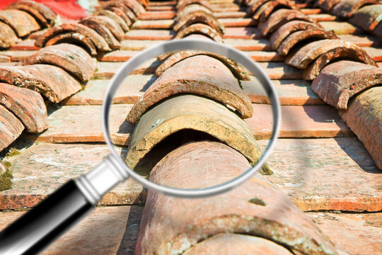Search for water infiltration on old roof - concept image with magnifying glass