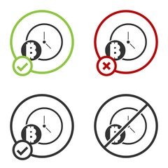 Black Cryptocurrency coin Bitcoin with clock icon isolated on white background. Physical bit coin. Blockchain based secure crypto currency. Circle button. Vector.