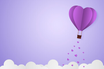 Paper Style love of valentine day violet pantone , balloon flying over cloud with heart float on the sky, couple honeymoon or gay lover , vector illustration background