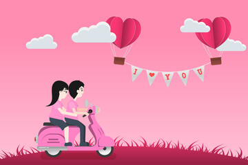 Fototapeta na wymiar Cute Character Cartoon and Paper Style love of valentine day , balloon flying over couple with heart float on the sky, couple bike motorcycle travel honeymoon with copy space , vector