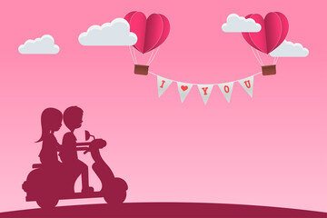 Cute Character Cartoon Silhouette and Paper Style love of valentine day , balloon flying over couple with heart float on the sky, couple  bike motorcycle travel honeymoon with copy space , vector
