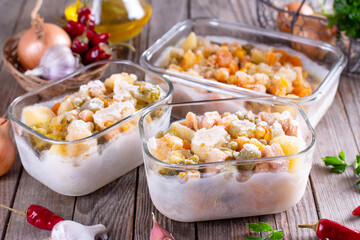 Frozen vegetables and meat (stew) in containers on a table