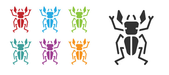Black Beetle deer icon isolated on white background. Horned beetle. Big insect. Set icons colorful. Vector.