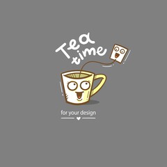 Сard with cute cartoon mug and tea. Funny drink print. Anthropomorphic tableware poster. Vector doodle illustration. Cheerful hand drawn сup.