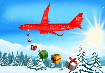 3D rendering The plane throws out New Year's gifts