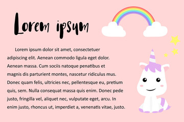Cute Unicorns cartoon happy fun , baby unicorn , isolated on pink background with copy space for text , vector illustration