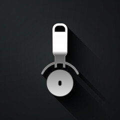 Silver Pizza knife icon isolated on black background. Pizza cutter sign. Steel kitchenware equipment. Long shadow style. Vector.