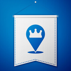 Blue Location king crown icon isolated on blue background. White pennant template. Vector.