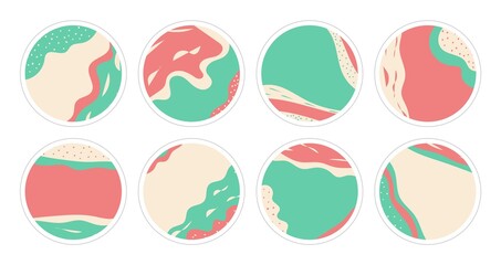 Set of abstract story highlight cover. Doodle shapes in contemporary style. Hand drawn templates. Round icons for social media stories for bloggers and influencers. Vector illustration.