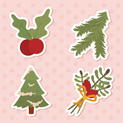 merry christmas pine tree leaves and berries vector design