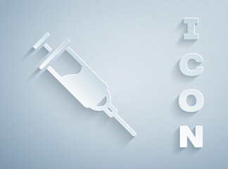 Paper cut Doping syringe icon isolated on grey background. Paper art style. Vector.