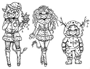 New Years set of cartoon characters in full growth, cute cow and bulls with plump cheeks and small horns, in funny  winter attires, in boots and coat, with fur and garland, in headphones and a cap.