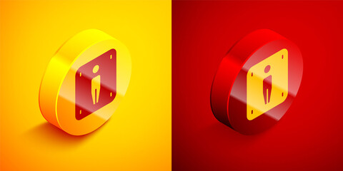 Isometric Male toilet icon isolated on orange and red background. WC sign. Washroom. Circle button. Vector.