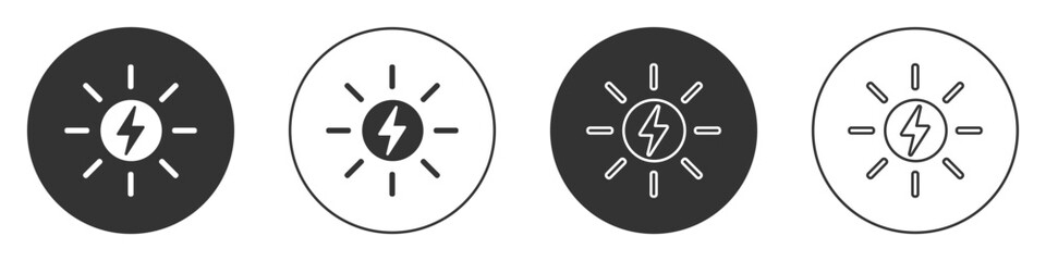 Black Solar energy panel icon isolated on white background. Sun with lightning symbol. Circle button. Vector.