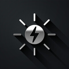 Silver Solar energy panel icon isolated on black background. Sun with lightning symbol. Long shadow style. Vector.