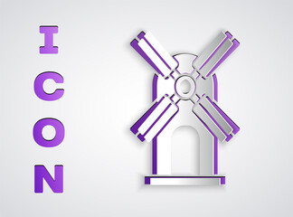 Paper cut Wind turbine icon isolated on grey background. Wind generator sign. Windmill for electric power production. Paper art style. Vector.