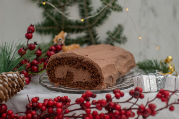 Fototapeta na wymiar Christmas Yule Log Buche de Noel chocolate cake