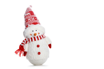 Christmas time. A smiling snowman against white background