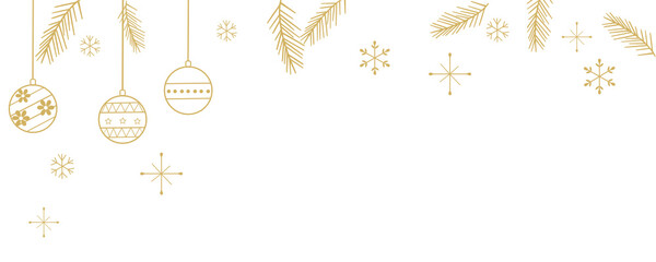 Christmas border with fir branches, Christmas balls and snowflakes, golden elements isolated on white background vector illustration.