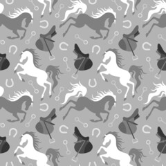 Grey and white horse, saddle and horseshoe silhouette seamless pattern. Vector illustration.
