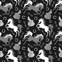 Grey and white horse, saddle and horseshoe silhouette seamless pattern. Vector illustration.