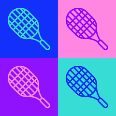 Pop art line Tennis racket icon isolated on color background. Sport equipment. Vector Illustration.