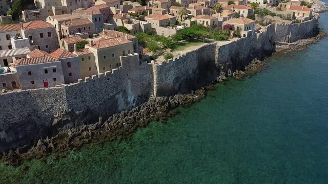 Aerial panoramic view of Monemvasia fortified town in Greece