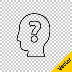 Black line Human head with question mark icon isolated on transparent background. Vector.