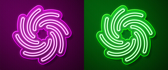 Glowing neon line Tornado icon isolated on purple and green background. Cyclone, whirlwind, storm funnel, hurricane wind or twister weather icon. Vector.